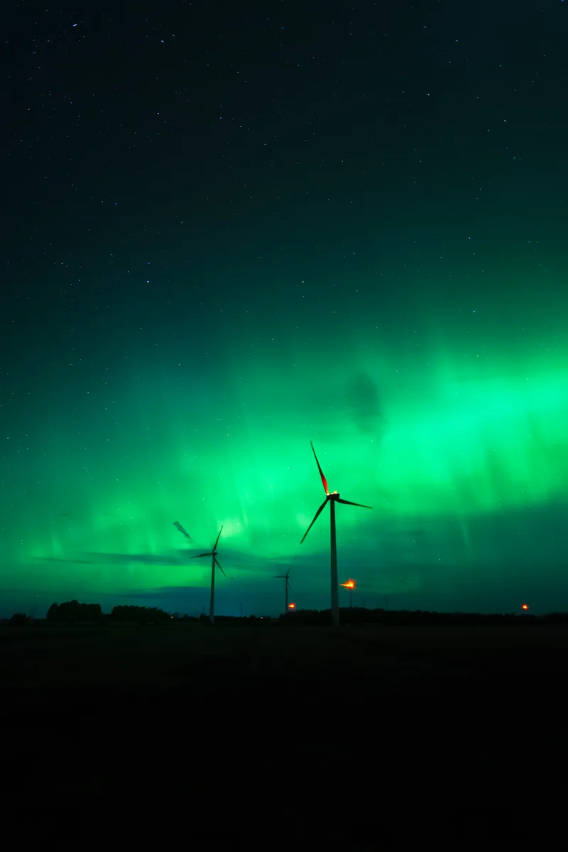 A figure in silhouette under bright green northern lights in Grey County, Ontario