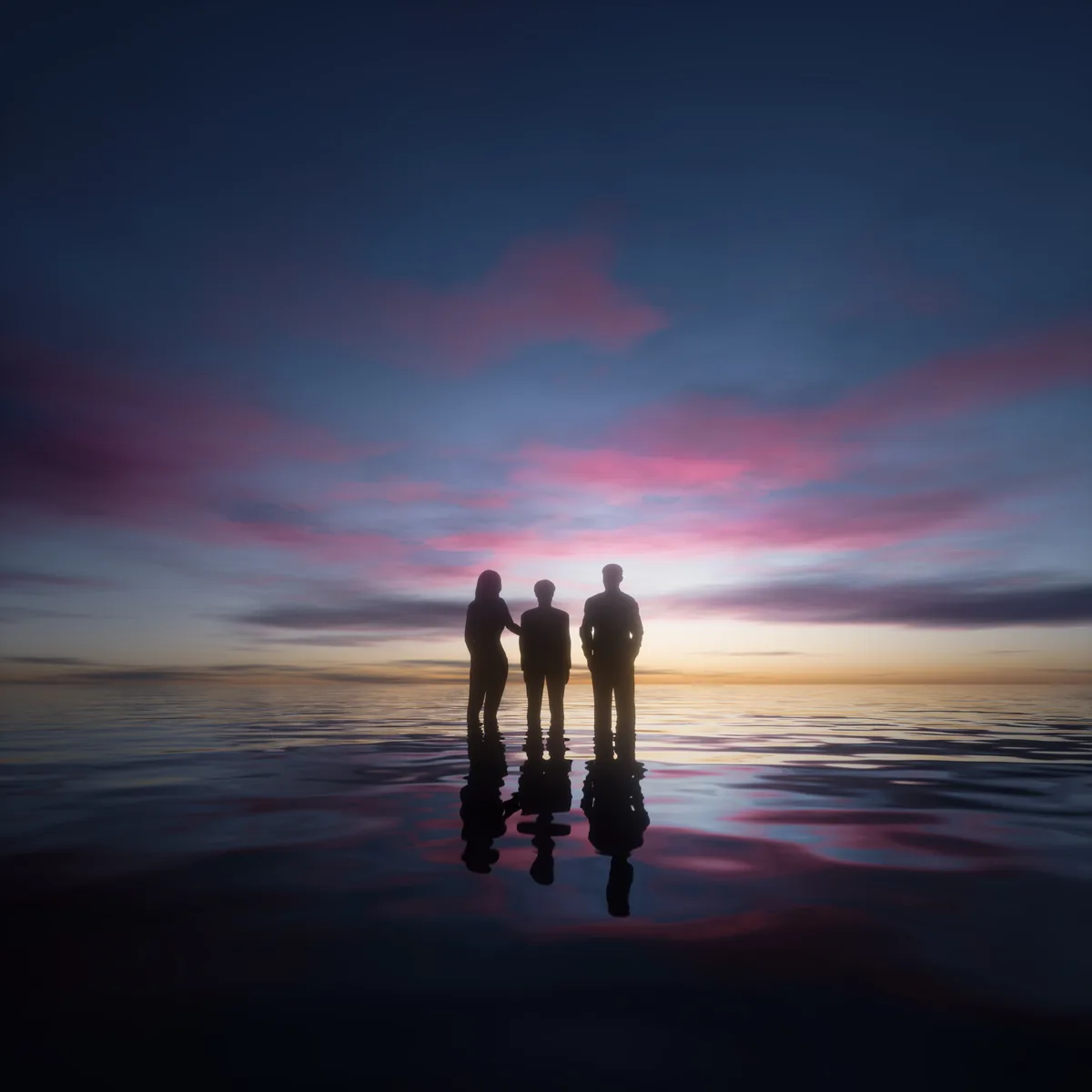 A 3D render of three figures standing on a mirror-like surface under a pink and blue sky