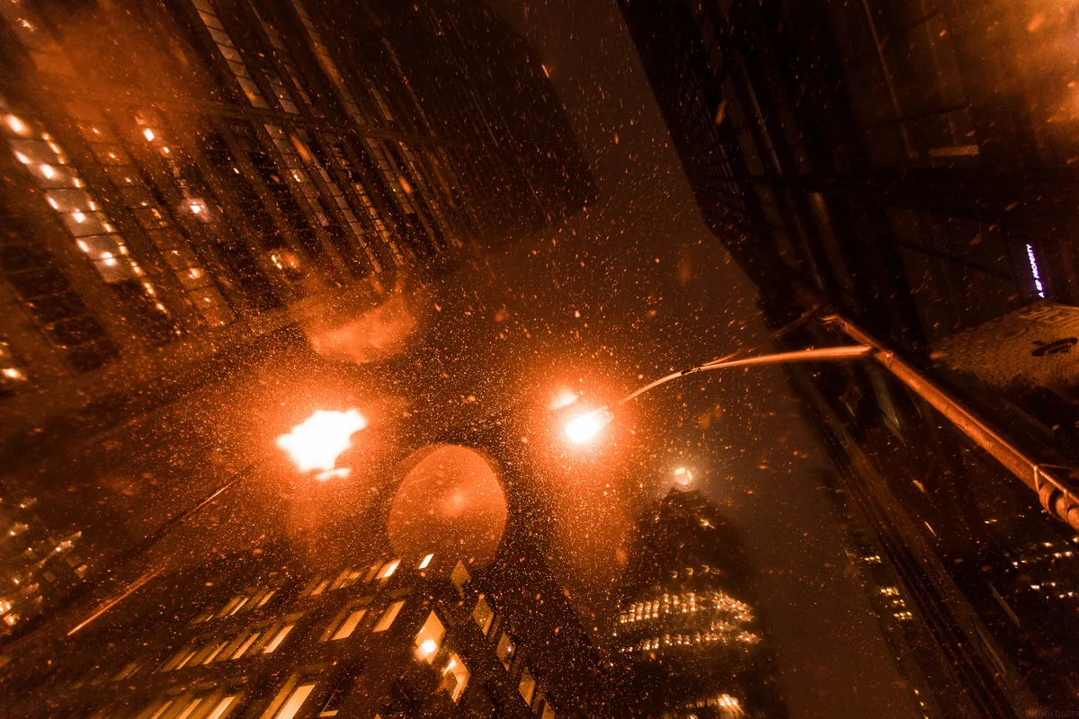Static II, looking up at streetlights and towers through falling snow in Toronto's Financial District